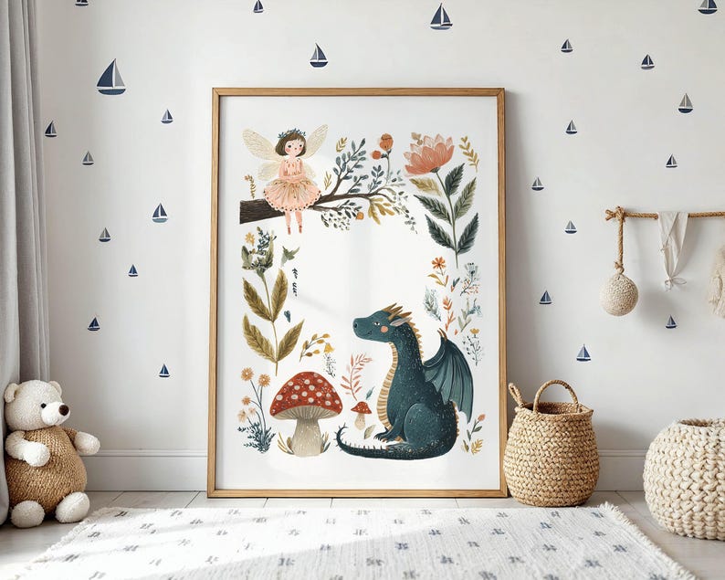 A whimsical watercolor illustration featuring a gentle fairy with golden wings sitting on a tree branch, a friendly teal dragon, red spotted mushrooms, and various botanical foliage against a light background.