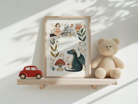 Fairy and Dragon Poster – Whimsical Woodland Fine Art Print for Nursery Decor