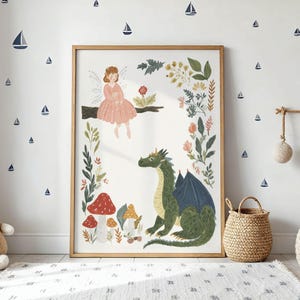 A whimsical illustration of a pink-dressed fairy sitting on a branch above a green dragon, surrounded by red and yellow mushrooms and green foliage, on a light background.