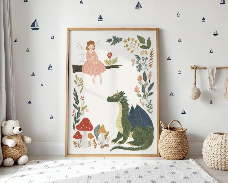 A whimsical illustration of a pink-dressed fairy sitting on a branch above a green dragon, surrounded by red and yellow mushrooms and green foliage, on a light background.