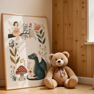 A whimsical watercolor illustration featuring a gentle fairy with golden wings sitting on a tree branch, a friendly teal dragon, red spotted mushrooms, and various botanical foliage against a light background.