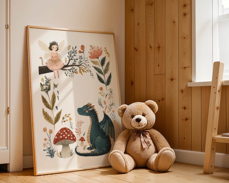 A whimsical watercolor illustration featuring a gentle fairy with golden wings sitting on a tree branch, a friendly teal dragon, red spotted mushrooms, and various botanical foliage against a light background.