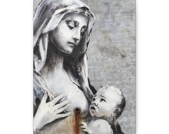 Arte callejero de la Virgen María con el Niño, grafiti rústico en metal, impresión de la Virgen María, lienzo de decoración religiosa oscura listo para colgar, 3,17 cm de profundidad Y-689