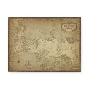 May include: A rectangular, vintage-style map of "The Known World" with a sepia tone. The map features detailed coastlines, geographical features, and a decorative border. The title is displayed in an ornate frame.