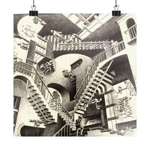 May include: Black and white print of an Escher-style architectural drawing featuring impossible staircases and figures. The artwork depicts a complex, multi-level structure with people ascending and descending stairs in various directions.