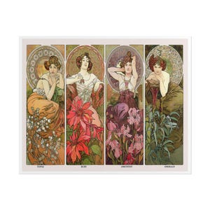 May include: A framed print featuring four Art Nouveau panels, each depicting a woman with floral elements. The panels are labeled "Topaz," "Ruby," "Amethyst," and "Emerald." The artwork showcases a warm color palette with detailed illustrations.
