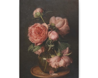 Lámina decorativa de peonías rosas con un toque melancólico / Lámina floral vintage / Lienzo con estampado floral listo para colgar, 3,17 cm de profundidad Y-654