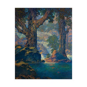 May include: A landscape painting featuring two large trees with textured bark, set against a backdrop of a waterfall and rocky terrain. The water in the foreground is a deep blue, and the overall color palette is warm with earthy tones.