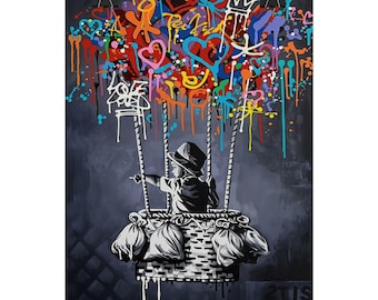 Póster de arte pop y graffiti de Banksy con el niño del globo Y-403