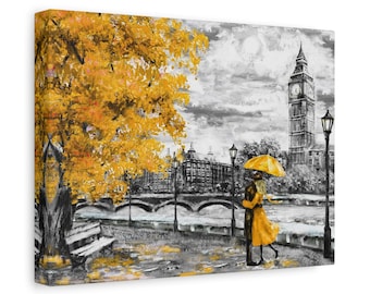 Lienzo decorativo de pared con diseño de paraguas amarillo romántico y el Big Ben de Londres - Y-372