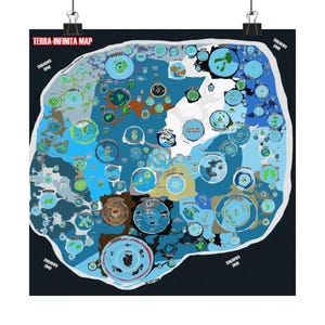 May include: A poster featuring a detailed map titled "TERRA-INFINITA MAP." The map is a colorful illustration with various circular and irregular shapes, labeled with text. The color palette includes blues, greens, browns, and white, with the words "UNKNOWN ZONE" in the corners.