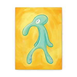 Könnte beinhalten: Leinwanddruck mit einer türkisfarbenen Cartoonfigur mit einem Auge, vor einem leuchtend gelben und orangefarbenen Hintergrund. Die Figur hat einen länglichen Kopf und Gliedmaßen. Das Kunstwerk ist eine erkennbare Figur aus einer beliebten Zeichentrickserie.