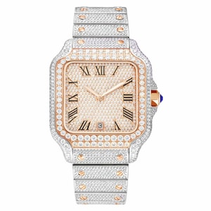 May include: A luxury wristwatch with a square face and a silver and rose gold band. The watch face is covered in small, sparkling stones, with Roman numeral hour markers. The band and bezel are also adorned with stones. A small date window is visible.