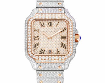Orologio automatico con moissanite tempestata di diamanti e quadrante quadrato (disponibile con quadranti romani e arabi).