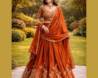 Orange Farbe Hochzeit Lehenga Choli Kollektion mit Pailletten Arbeit