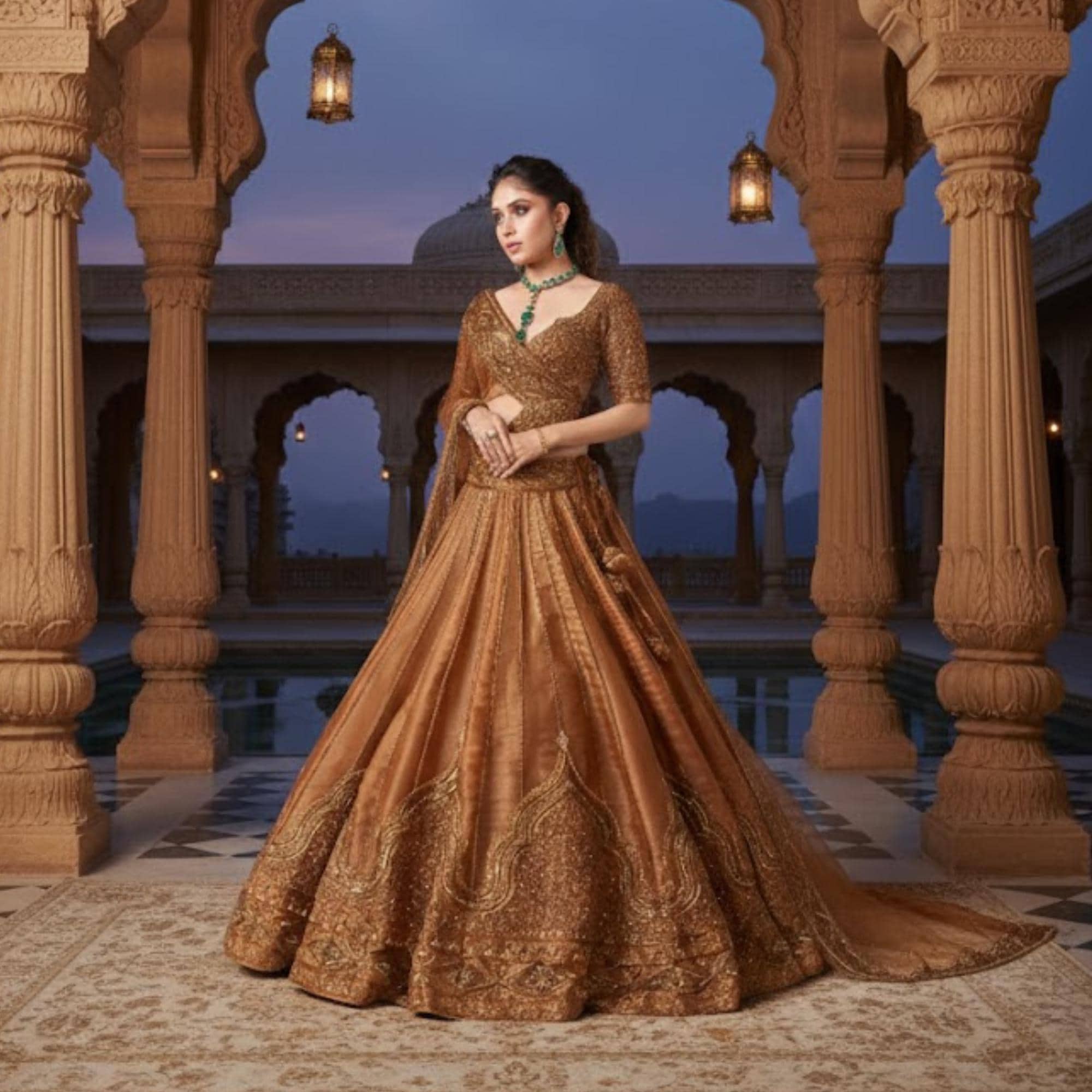 Brown Satin silk Embroidered Lehenga Choli: Indian Wedding Outfits