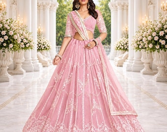 Pink Net Zari Embroidered Sequins Lehenga Wedding Wear