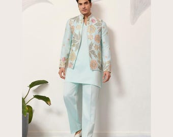 skyBlue   Festival Mens Wear Koti Kurta with Bottom Collection