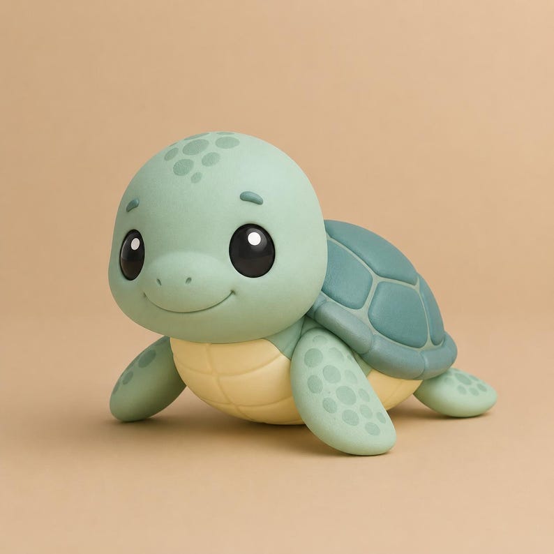 Op de afbeelding: Een kleine schildpadfiguur met een gladde, lichtgroene kop en ledematen met donkergroene stippen. De schildpad heeft grote, ronde zwarte ogen, een subtiel glimlachende mond, een donkergroenblauw schild en een lichtgele, gesegmenteerde buik.