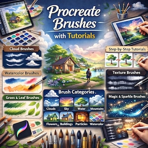 May include: An advertisement for Procreate Brushes with Tutorials. The image showcases various brush categories, including cloud, watercolor, grass & leaf, texture, and magic & sparkle brushes. The image also features a digital painting of a landscape with a house, trees, and a person.