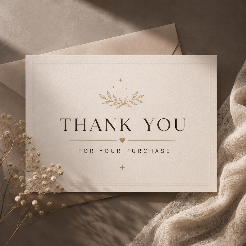 Op de afbeelding: Een rechthoekige gebroken witte bedankkaart met de tekst THANK YOU FOR YOUR PURCHASE in een donker schreeflettertype. Het ontwerp bevat een goudkleurige illustratie van een botanische tak, een klein hartje en steraccenten in het midden.