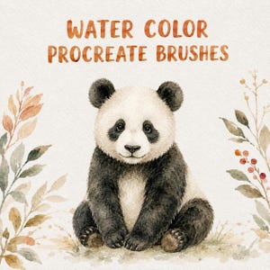 May include: Watercolor illustration featuring a seated panda bear with black and white fur. The image includes the text "WATER COLOR PROCREATE BRUSHES" in orange lettering. Decorative foliage in muted tones frames the panda.