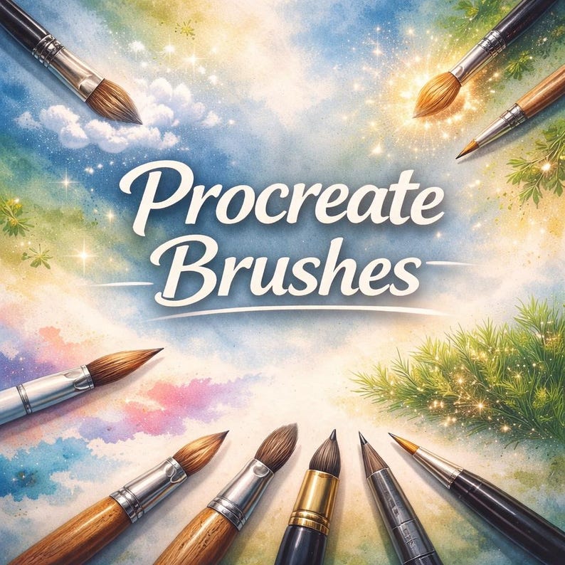 May include: An artistic composition featuring various paint brushes arranged around the text "Procreate Brushes." The brushes have wooden handles and metallic ferrules, set against a colorful, dreamy background with sparkling accents.