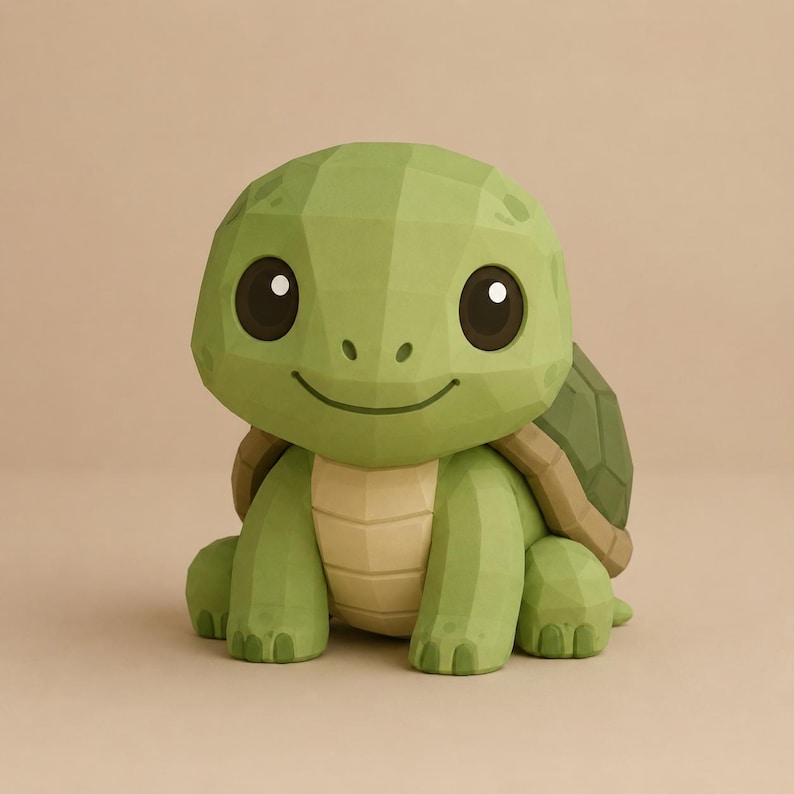 Op de afbeelding: Een schildpadfiguur in low-poly-stijl met een lichtgroene kop en ledematen met donkergroene vlekken, een beige buik en een donkergroen schild. De schildpad heeft grote, donkere, ronde ogen en een eenvoudige, gebogen lijn als mond in zittende houding.