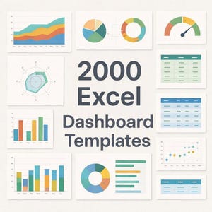 Puede incluir: Una imagen que muestra una colección de 2000 plantillas de paneles de control de Excel. La imagen presenta varios gráficos y diagramas en diferentes colores, incluyendo gráficos de barras, gráficos circulares y gráficos de líneas. El texto "2000 Excel Dashboard Templates" es visible.