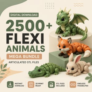 May include: A digital download bundle of 2500+ flexi animals featuring articulated STL files. The image displays four 3D printed figures: a green dragon, an orange fox, a beige rabbit, and a green crocodile, all with segmented, movable bodies.