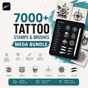 7000+ procreate Tattoo Stamps and Brushes bundle | Skull, Floral, Japanese, Gothic, Butterfly, Line Art Bun, anime tattoo brushes
