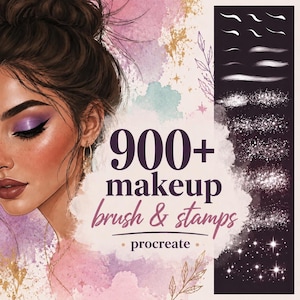 May include: Digital makeup brush and stamp set for Procreate. The image features a woman with purple eyeshadow and the text "900+ makeup brush & stamps". The brushes and stamps are displayed on a dark background.
