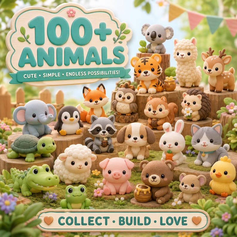 Bundel met meer dan 100 mini-dieren | Kawaii 3D-printbare dierenfiguurtjes | Leuke speelgoedmodellen om te 3D-printen | Direct te downloaden afbeelding 1