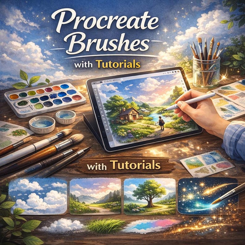 May include: An artistic digital illustration featuring a tablet displaying a landscape painting, surrounded by paintbrushes, a watercolor palette, and the text "Procreate Brushes with Tutorials". The scene evokes a creative and instructional theme.