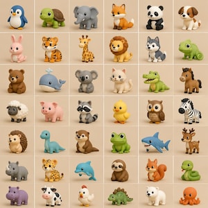 Op de afbeelding: Een verzameling van twee&euml;nveertig kleine, gestileerde dierenfiguurtjes gerangschikt in een raster. De set bevat diverse wezens zoals een pingu&iuml;n, schildpad, olifant, vos, panda, hond, konijn, tijger, giraf, leeuw, husky, kameleon, beer, walvis, koala, kat, krokodil, paard, schaap, varken, wasbeer, kuiken, uil, zebra, egel, dinosaurus, otter, kikker, haai, hert, neushoorn, luipaard, dolfijn, luiaard, eekhoorn, slang, nijlpaard, koe, kip en octopus.