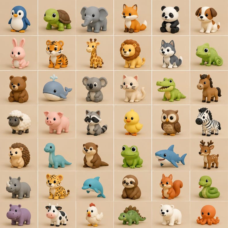 Op de afbeelding: Een verzameling van twee&euml;nveertig kleine, gestileerde dierenfiguurtjes gerangschikt in een raster. De set bevat diverse wezens zoals een pingu&iuml;n, schildpad, olifant, vos, panda, hond, konijn, tijger, giraf, leeuw, husky, kameleon, beer, walvis, koala, kat, krokodil, paard, schaap, varken, wasbeer, kuiken, uil, zebra, egel, dinosaurus, otter, kikker, haai, hert, neushoorn, luipaard, dolfijn, luiaard, eekhoorn, slang, nijlpaard, koe, kip en octopus.