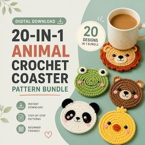 Pode incluir: Um pacote de padrões para download digital de 20 porta-copos de crochê com temas de animais. A imagem exibe o texto 20-IN-1 ANIMAL CROCHET COASTER PATTERN BUNDLE e 20 DESIGNS IN 1 BUNDLE, ao lado de cinco porta-copos redondos e coloridos.