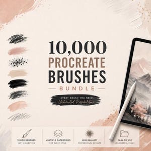 Puede incluir: Anuncio de un paquete de arte digital. La imagen presenta el texto "10,000 Procreate Brushes Bundle" con el lema "Every Brush You Need. Unlimited Possibilities". Una tableta con un lápiz óptico está a la derecha. La parte inferior tiene iconos y texto que describen el producto.