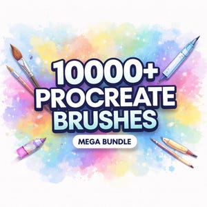 Op de afbeelding: Een afbeelding met een kleurrijke aquarel achtergrond met de tekst "10000+ PROCREATE BRUSHES MEGA BUNDLE". Verschillende kunstbenodigdheden, waaronder penselen en potloden, zijn rond de tekst geplaatst, wat duidt op een digitaal kunstproduct.