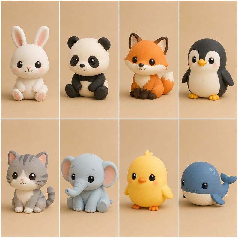 Op de afbeelding: Een verzameling van acht kleine dierenfiguurtjes, waaronder een wit konijn, een zwart-witte panda, een oranje vos, een zwart-witte pingu&iuml;n, een grijze cyperse kat, een lichtblauwe olifant, een geel kuikentje en een blauwe walvis, allemaal met grote ogen.