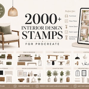 Könnte beinhalten: Eine digitale Sammlung von über 2000 Interior-Design-Stempeln für Procreate, mit kategorisierten Symbolen für Möbel, Grundrisse, Wohndekoration, Raumaufteilung und architektonische Elemente, dargestellt auf einem Tablet-Bildschirm.