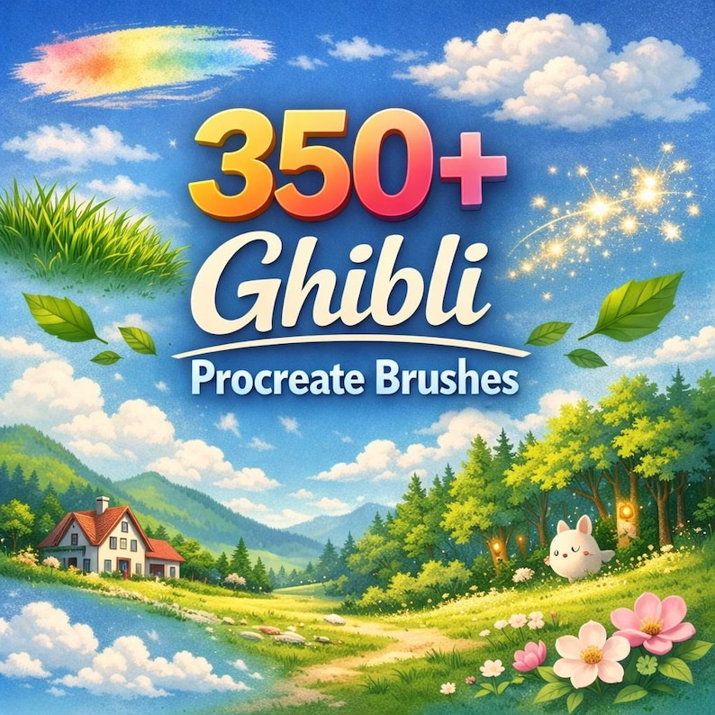 May include: A digital illustration of a vibrant landscape with a blue sky, clouds, and rolling green hills. The image features the text "350+ Ghibli Procreate Brushes" in a stylized font, along with a rainbow and a small house.
