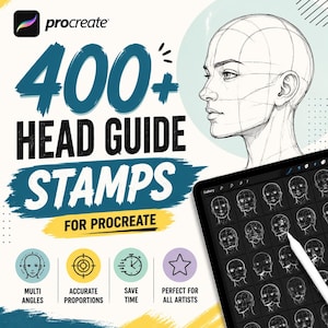 May include: A digital product featuring 400+ head guide stamps for Procreate. The image displays a line art profile of a human head, a tablet screen showing a grid of various head angle sketches, and text reading 400+ HEAD GUIDE STAMPS FOR PROCREATE.