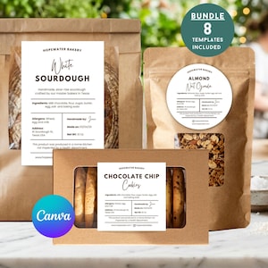 May include: An image showcasing bakery products in brown paper bags and a box. The products include white sourdough bread, almond nut granola, and chocolate chip cookies. Each package has a label with the bakery's name and product details. A Canva logo is visible.