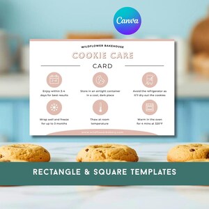 Plantilla de tarjeta de cuidado de galletas / Tarjeta de cuidado de panadería editable en Canva 4x4 6x4 / Inserto de empaque imprimible para panadería casera para galletas, bizcochos y pasteles
