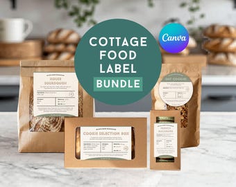 May include: A collection of brown paper packaging for food items, including a bag of sourdough bread, a box of cookies, and a jar of French macarons. Each package features a label with product information. The image also includes the text "Cottage Food Label Bundle."