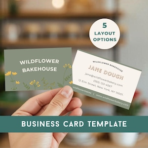 May include: Two business card templates for Wildflower Bakehouse. One card is olive green with the business name and floral accents. The other is off-white with contact information. A circle reads "5 Layout Options".