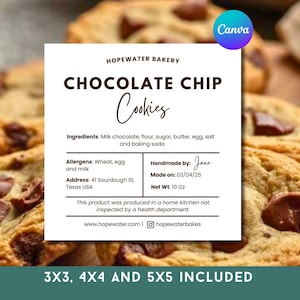 以下が含まれることがあります： Hopewater Bakeryの「Chocolate Chip Cookies」と書かれたラベルが付いたチョコレートチップクッキーのクローズアップ。 ラベルには材料、アレルゲン、正味重量283グラムが含まれています。 クッキーにはチョコレートチップが見えます。
