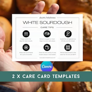 Peut inclure: Une main tenant une carte blanche avec des conseils d'entretien pour le pain au levain blanc. La carte comprend des instructions sur le stockage, la congélation et la réactivation du pain. Le fond présente plusieurs miches de pain brun doré. Le texte "2 X CARE CARD TEMPLATES" est en bas.