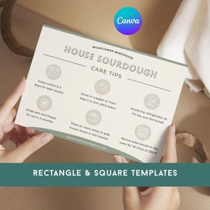 Plantilla de tarjeta de cuidado de masa madre / Tarjeta de cuidado de pan editable en Canva 4x4 6x4 / Inserto imprimible para empaque de panadería para baguette de ciabatta de masa madre